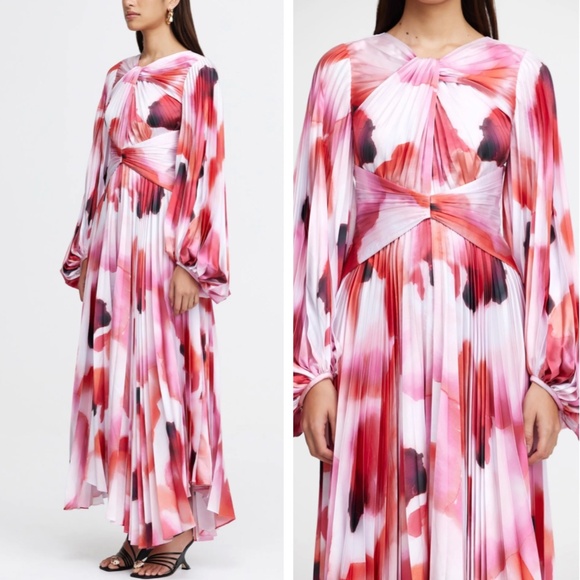 NEW Acler Dalliey Midi Long Sleeves Dress AU8/US4 Red Pink Abstract Floral Blush - Picture 2 of 12